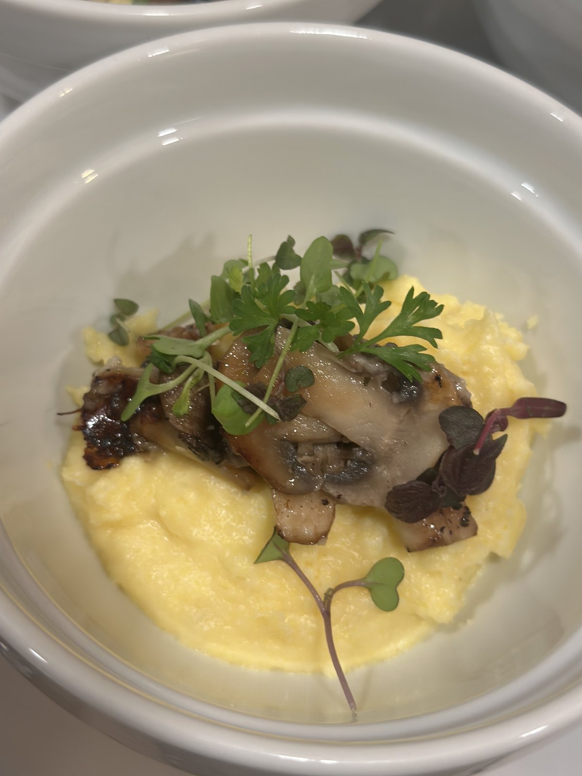 Plated wild mushrooms over polenta with microgreens